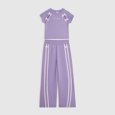 Girls Purple Bow Tape Wide Leg Joggers Set