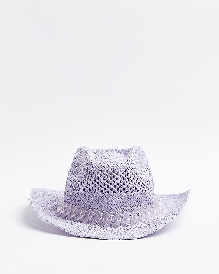 Girls purple chain detail straw cowboy hat