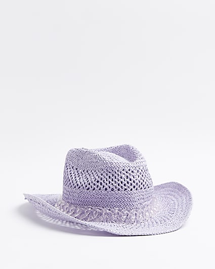 Girls purple chain detail straw cowboy hat