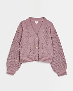 Girls Purple Chenille Cable knit Cardigan