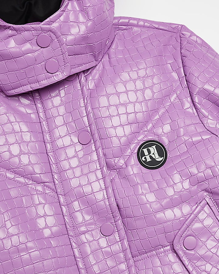 Girls Purple Croc Embossed Puffer Coat