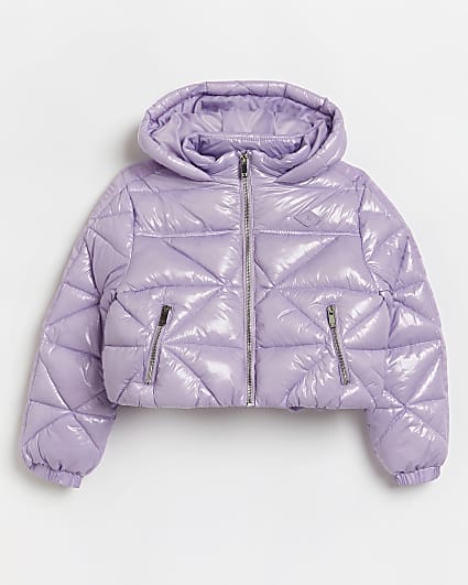 Girls purple cropped hooded puffer jacket