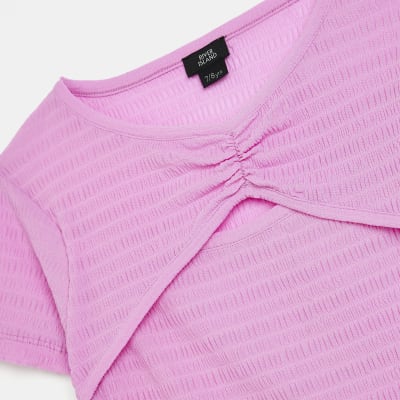 Girls Purple Cutout Textured T-shirt