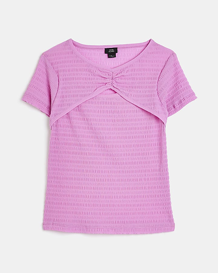 Girls Purple Cutout Textured T-shirt