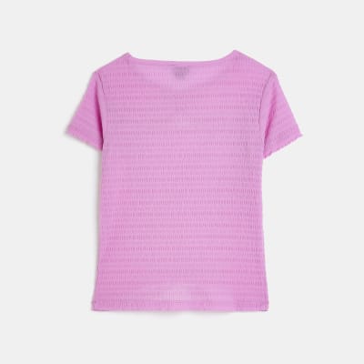 Girls Purple Cutout Textured T-shirt