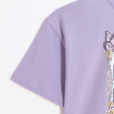 Girls purple embellished graphic crop t-shirt