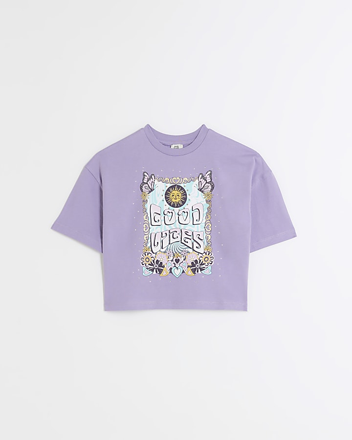 Girls purple embellished graphic crop t-shirt