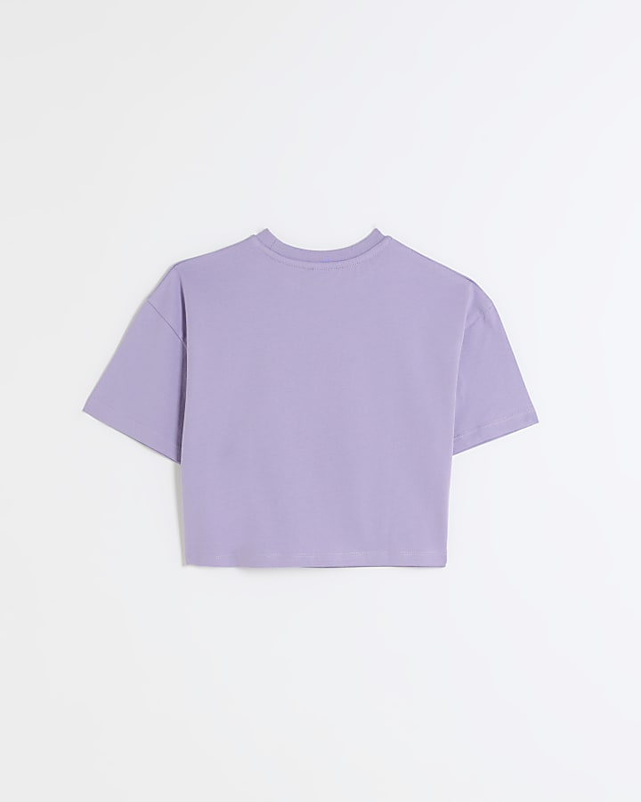 Girls purple embellished graphic crop t-shirt