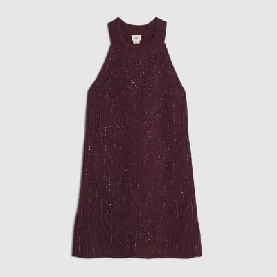 Girls Purple Embellished Knitted Dress