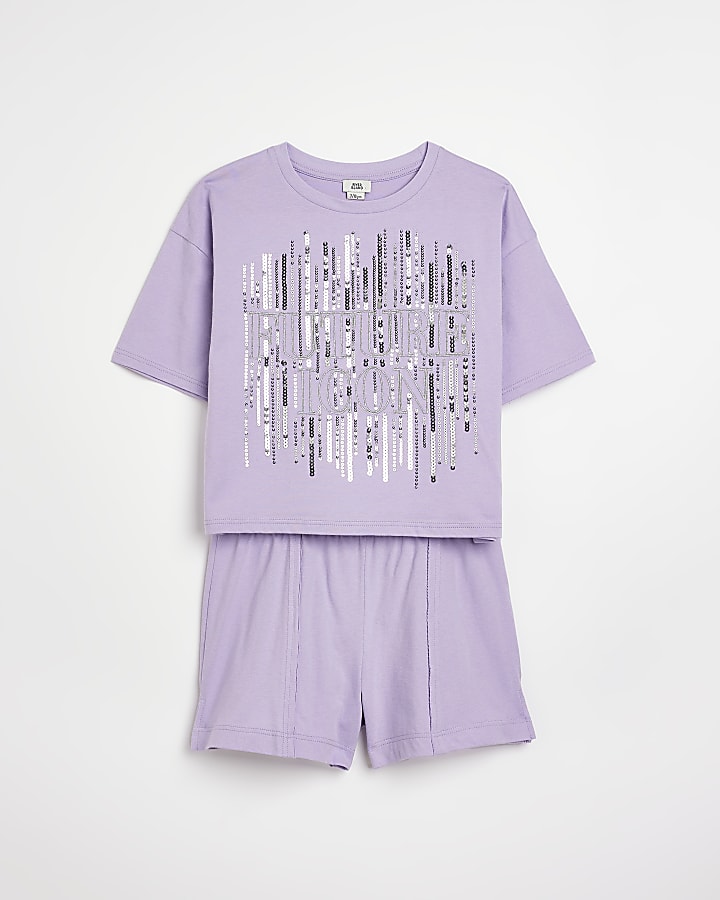 Girls purple embellished tee and shorts set