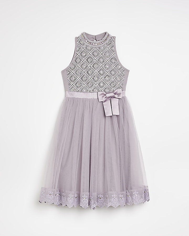 Girls purple embellished tulle Prom Dress