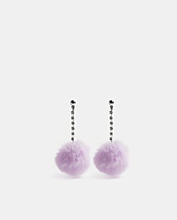 Girls Purple Faux Fur Pom Pom Drop Earrings