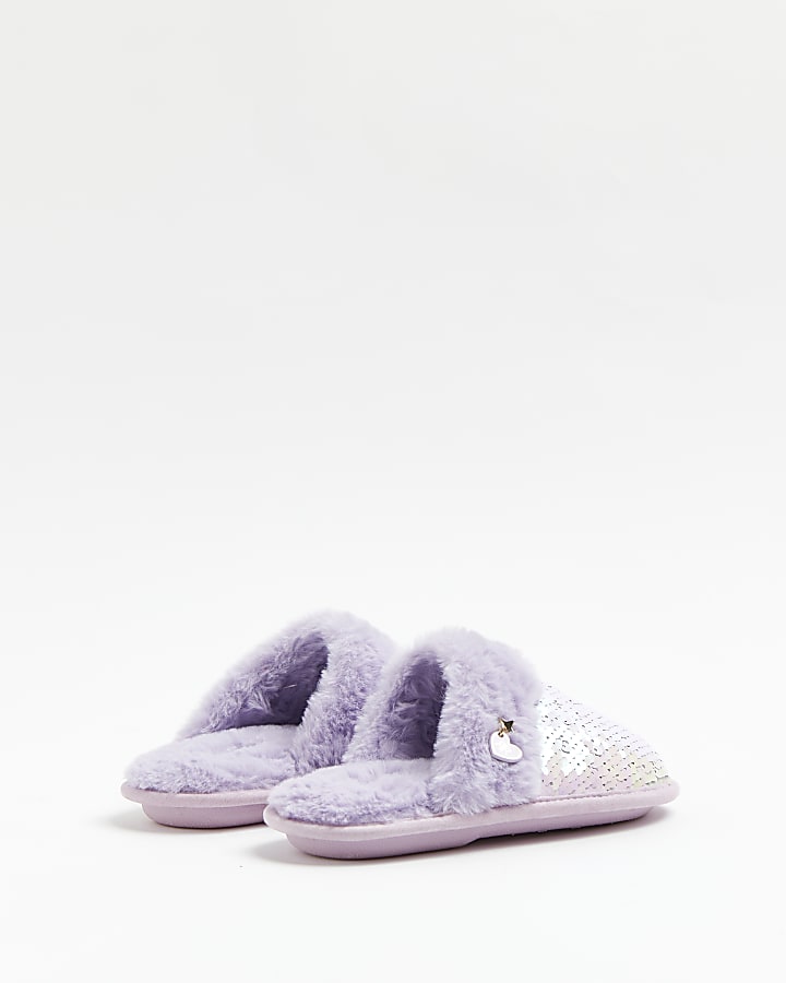 Girls purple faux fur sequin slippers