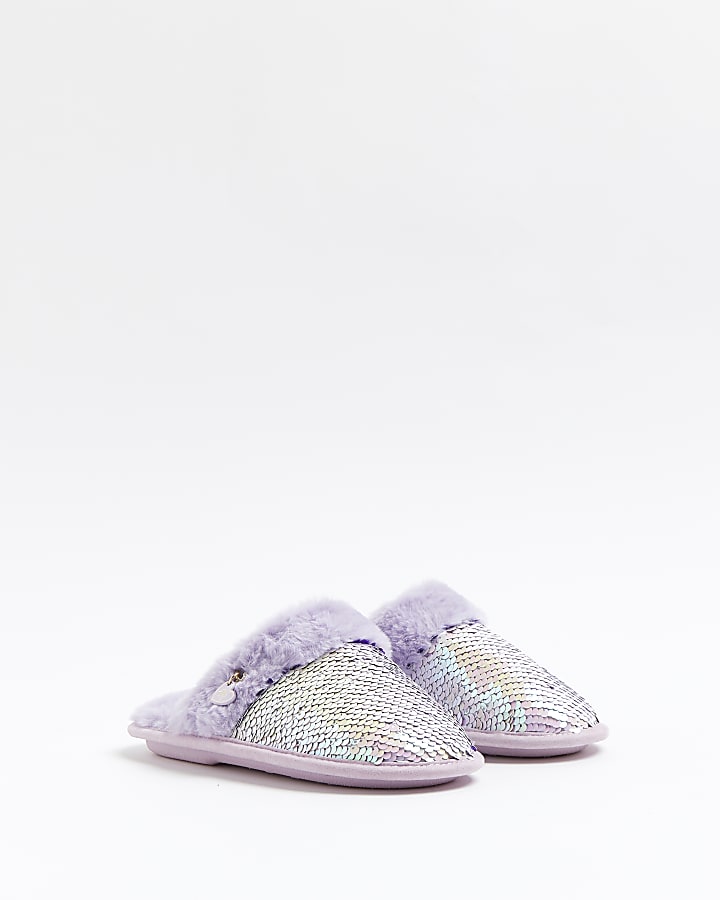 Girls purple faux fur sequin slippers