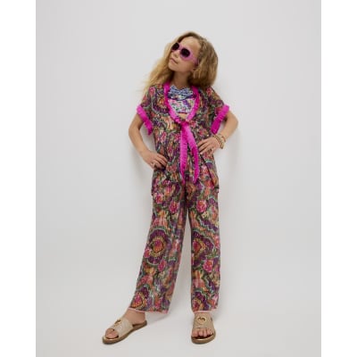 Girls Purple Floral Printed Sequin Trousers
