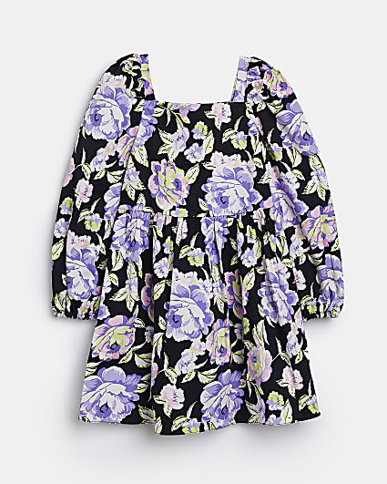 Girls purple floral puff sleeve Smock Dress