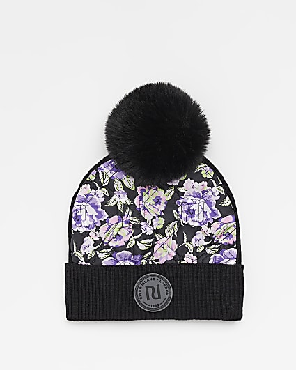 Girls Purple Floral Quilted Pom Pom Beanie