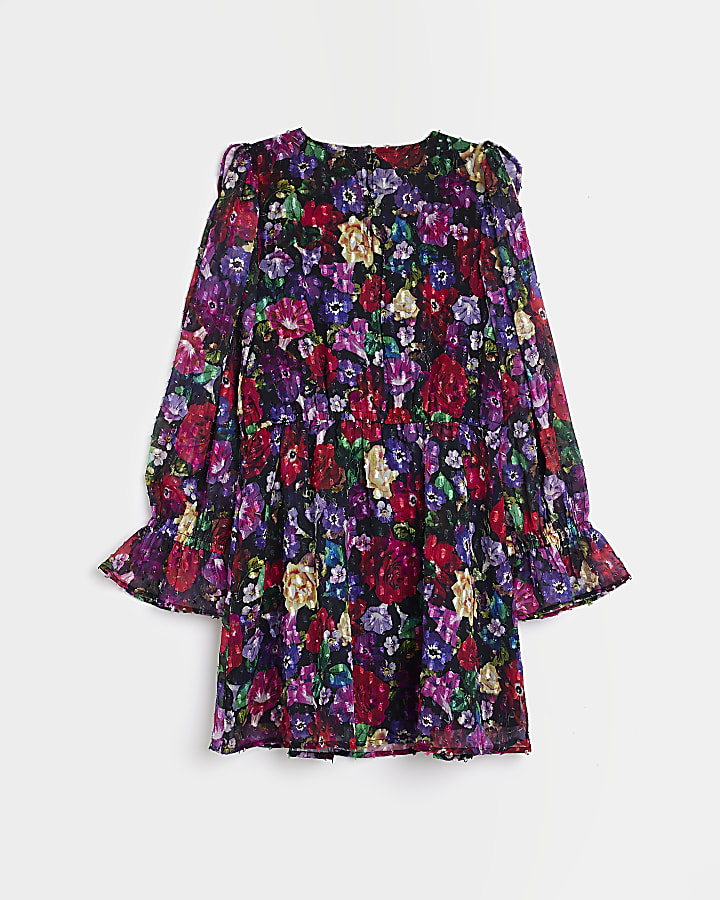 Girls Purple Floral Ruffle Long Sleeve Dress