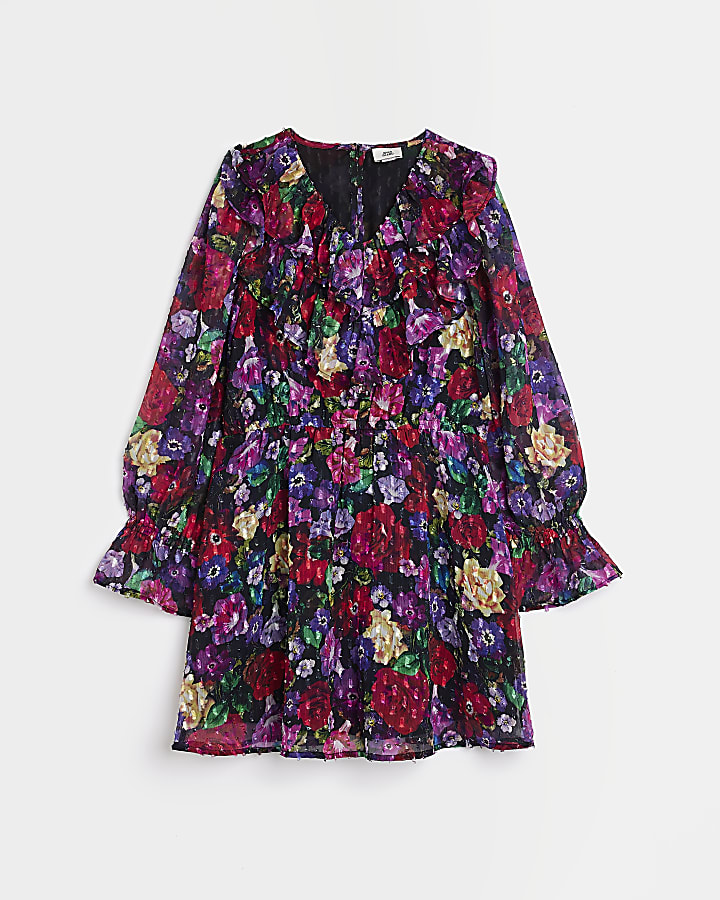 Girls Purple Floral Ruffle Long Sleeve Dress