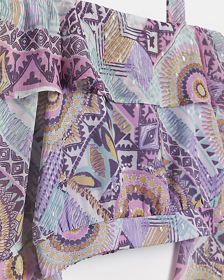 Girls purple flute sleeve bardot crop top