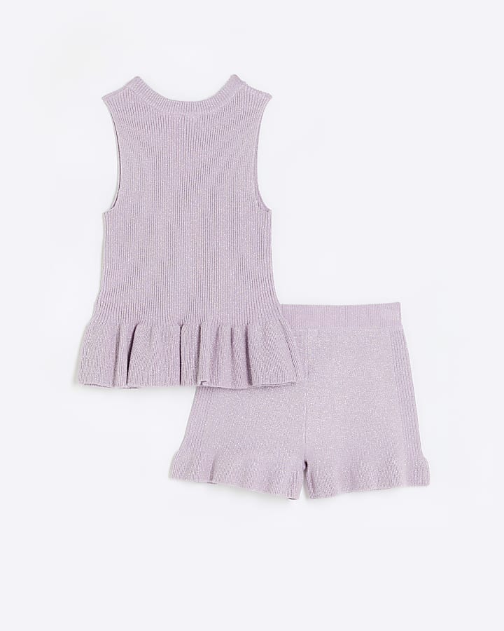 Girls purple frill shimmer top and shorts set