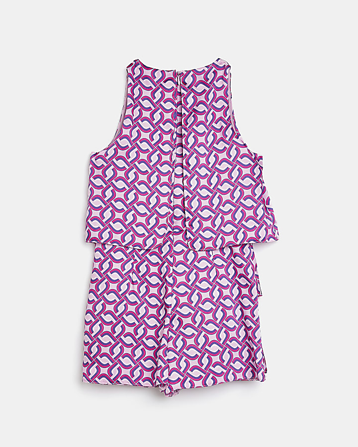 Girls purple geometric print layered playsuit