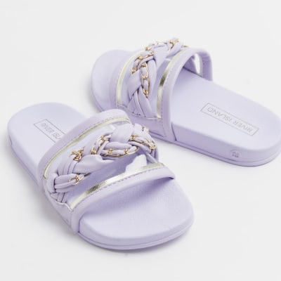 Girls Purple Gold Chain Plait Sliders