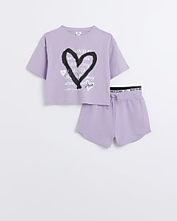 Girls purple heart graphic runner shorts set