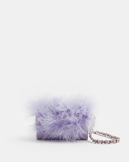 Girls purple marabou feather purse with chain