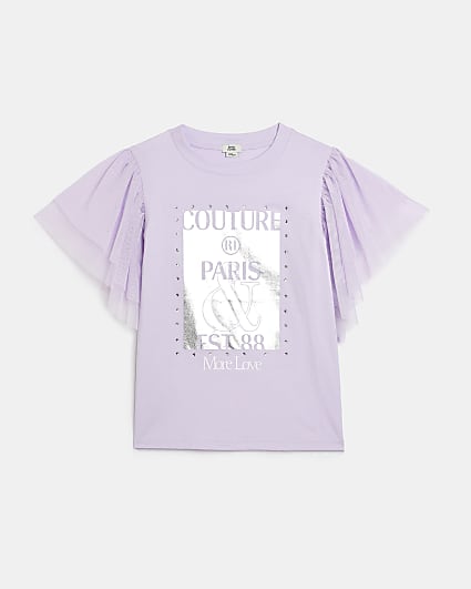Girls Purple Mesh Frill Sleeve T-shirt