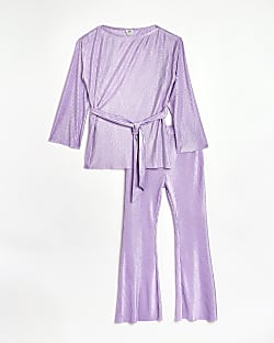 Girls Purple Plisse Top and Flares Outfit