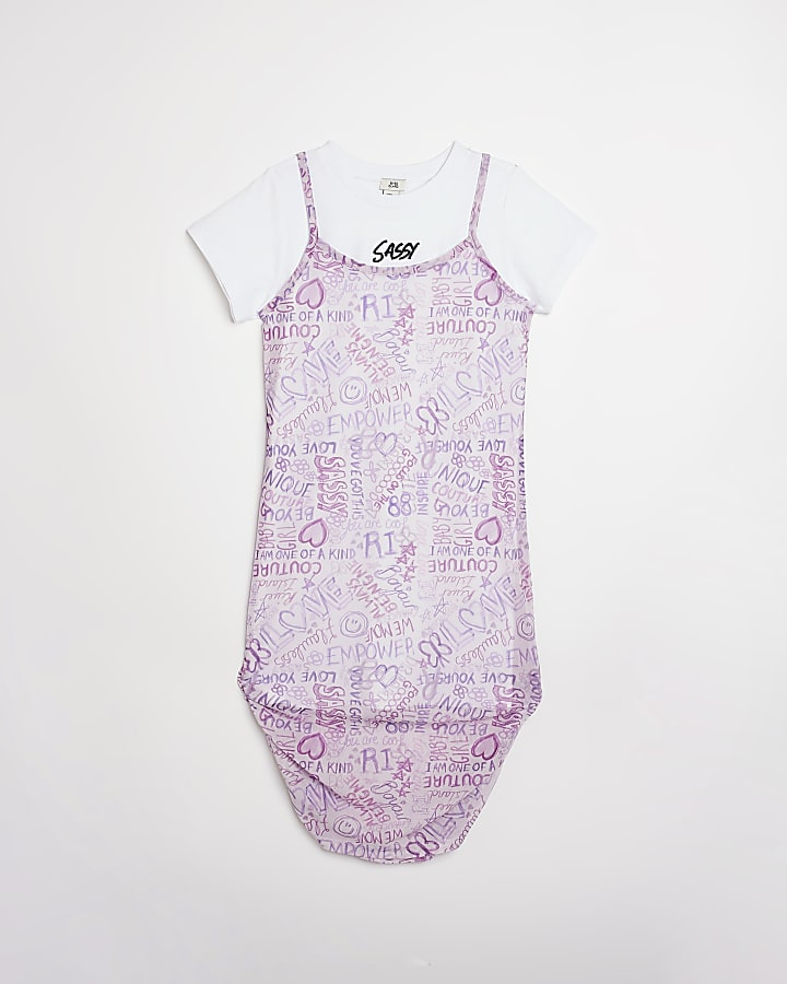Girls purple print mesh 2 in 1 Dress