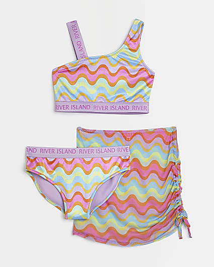 Girls purple Print Swim Skirt 3 piece Set