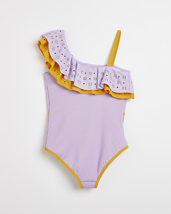 Girls purple RI frill Asymmetric Swimsuit