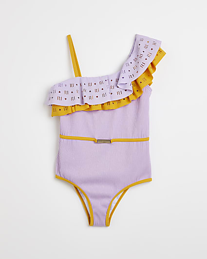 Girls purple RI frill Asymmetric Swimsuit