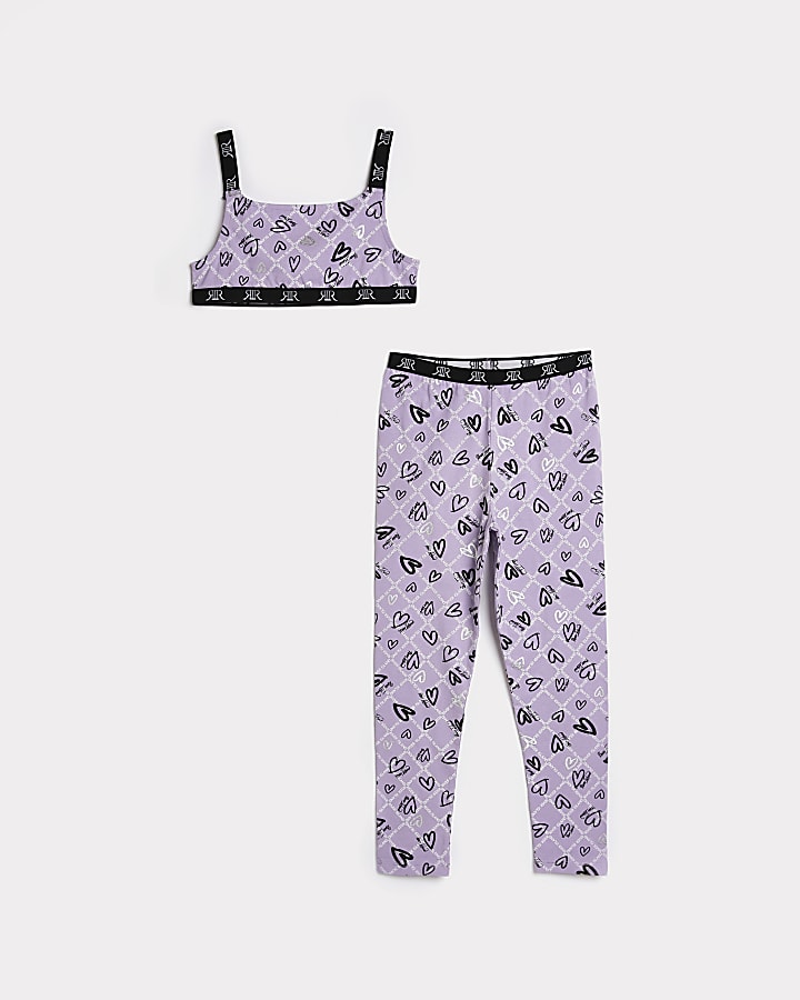 Girls purple RI heart crop top and leggings