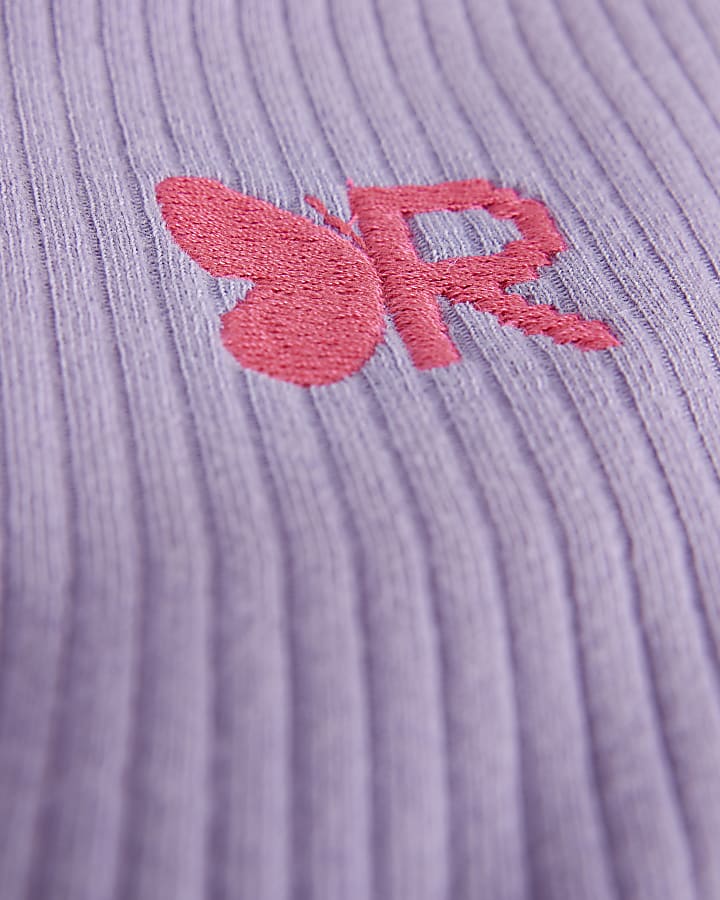 Girls purple rib embroidered long sleeve top