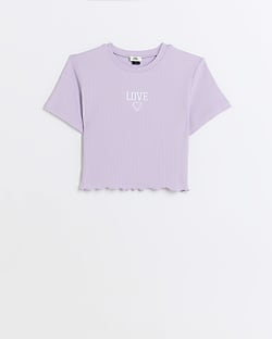 Girls purple ribbed short sleeve crop t-shirt