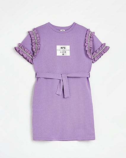 Girls Purple Ruffle Belted T-Shirt Dress