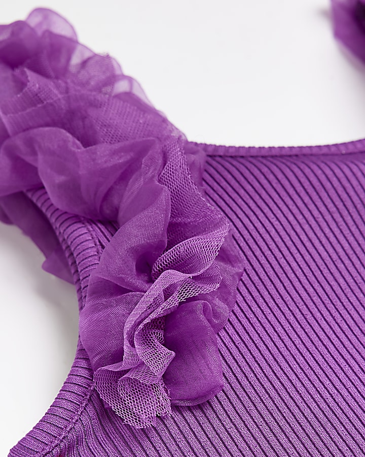 Girls purple ruffle detail ribbed top