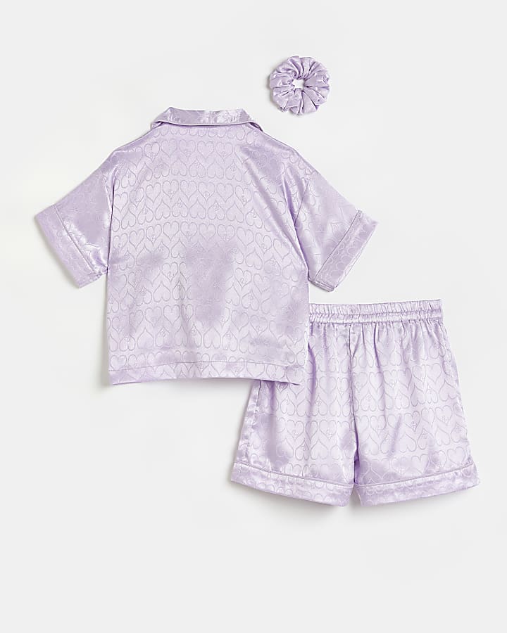Girls Purple Satin Monogram Pyjama Set