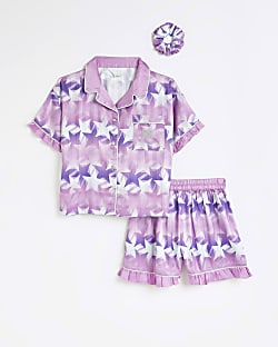 Girls Purple Satin Star Print Pyjama Set