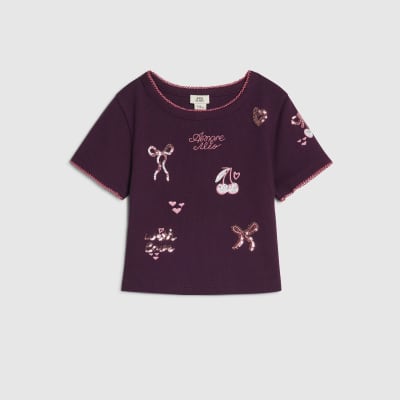 Girls Purple Sequin Embroidered T-Shirt