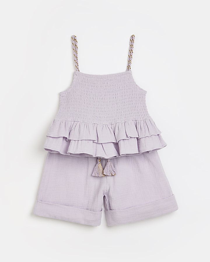 Girls purple shirred cami and shorts outfit