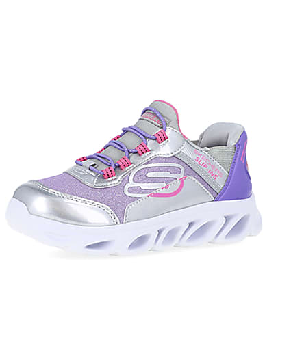 360 degree animation of product Girls Purple Skechers Flexible Heel Trainers frame-1