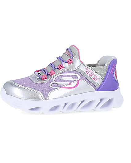 360 degree animation of product Girls Purple Skechers Flexible Heel Trainers frame-2
