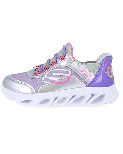 360 degree animation of product Girls Purple Skechers Flexible Heel Trainers frame-3