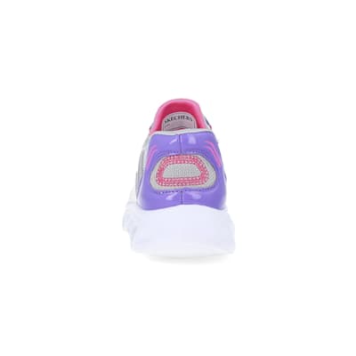 360 degree animation of product Girls Purple Skechers Flexible Heel Trainers frame-9