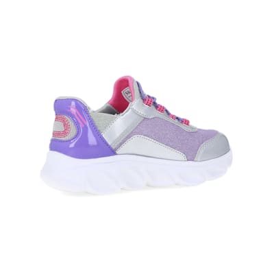 360 degree animation of product Girls Purple Skechers Flexible Heel Trainers frame-13