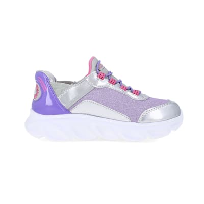 360 degree animation of product Girls Purple Skechers Flexible Heel Trainers frame-15
